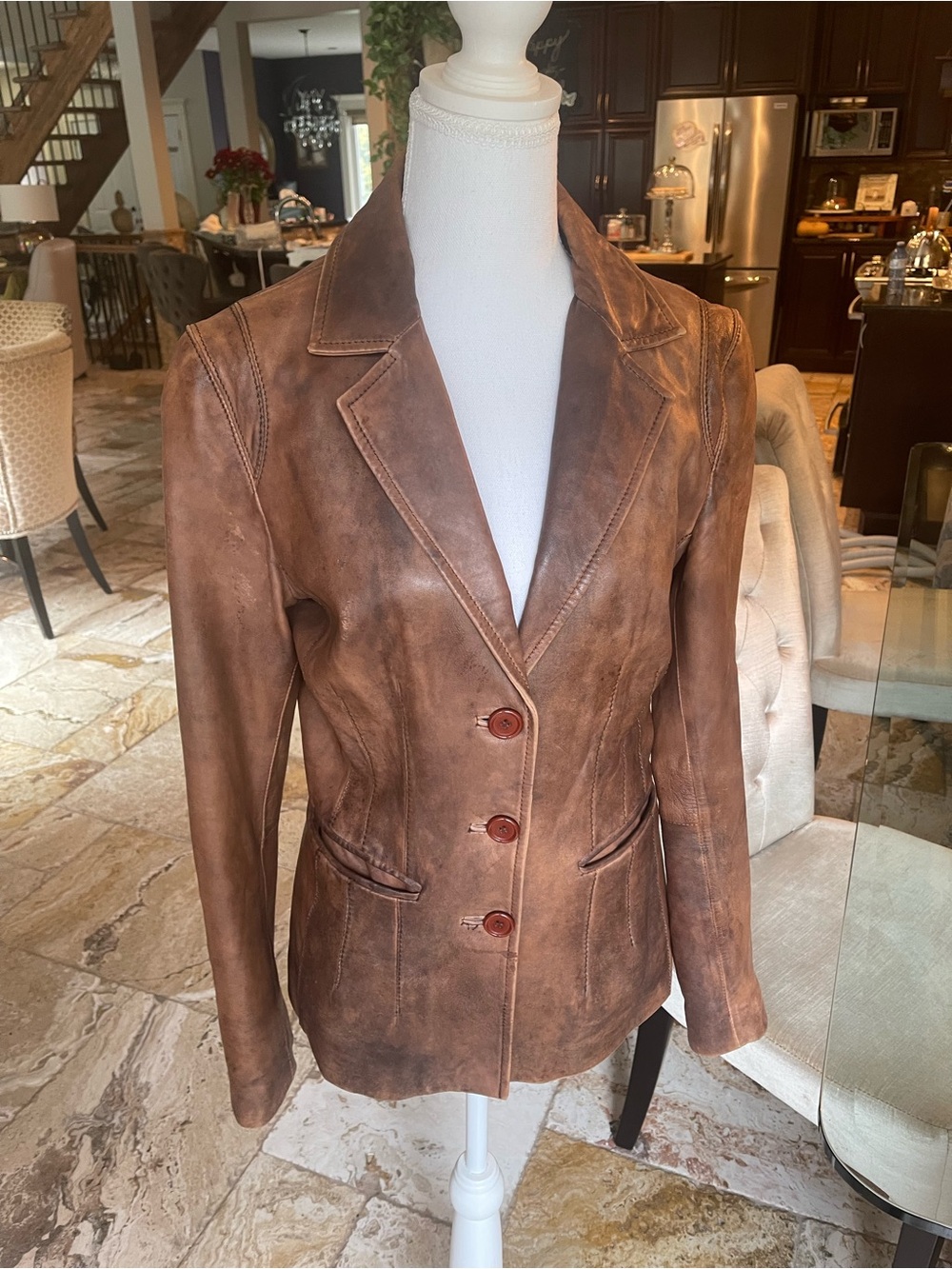 Women's Distressed Brown Leather Blazer Jacket